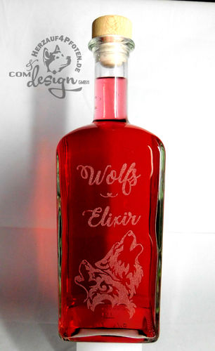 Glasflasche "Wolfs-Elixir" Gravur