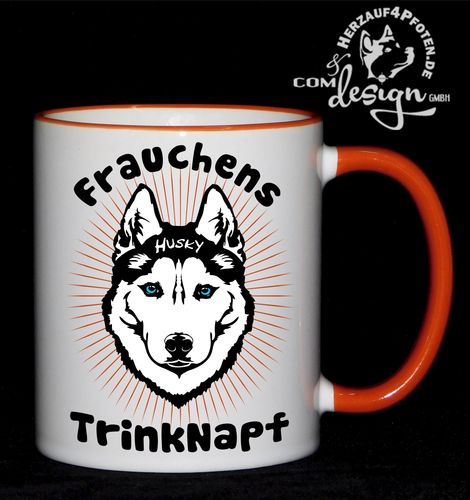 Tasse Frauchens Trinknapf Husky 2 Seiten orange